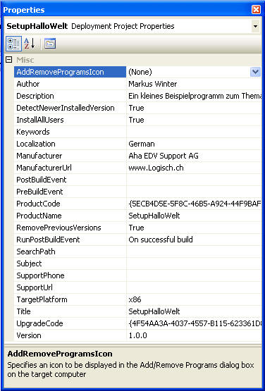 Eigenschaften des Setup Projekt